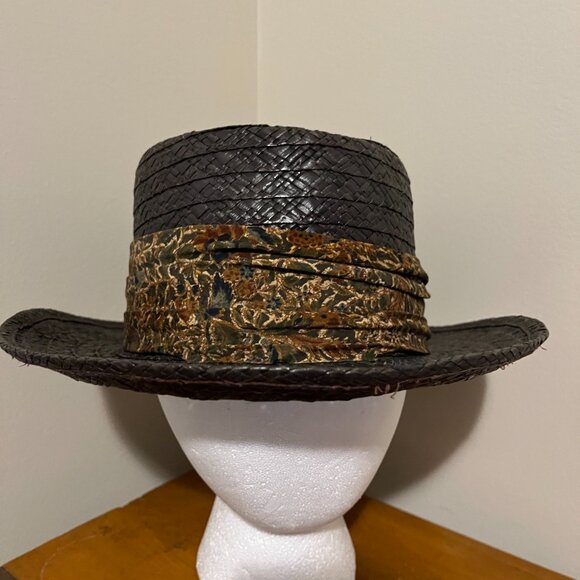 VINTAGE WORMSER MACORA STRAW HAT, 7 1/4 Brown, Rolled Brim, Floral Band New York - Picture 13 of 13